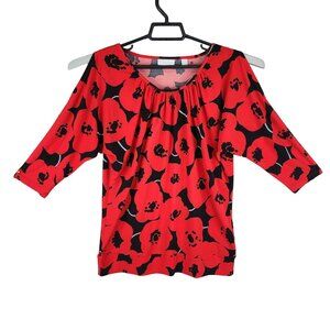 Women's New York & Company Red & Black Floral Top Blouse Stretch Cold Shoulder S
